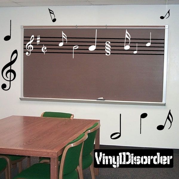 Music notes and staff wall decal kit with black notes and staff lines