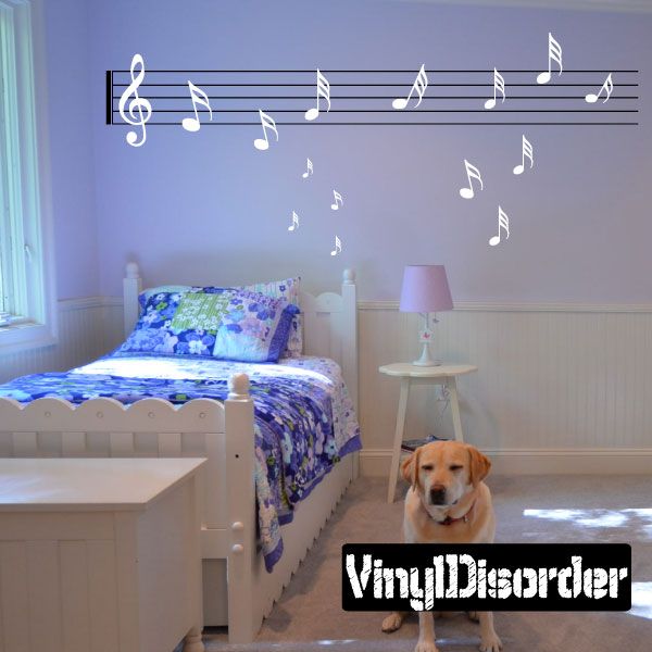 White and light blue music notes and staff wall decal set