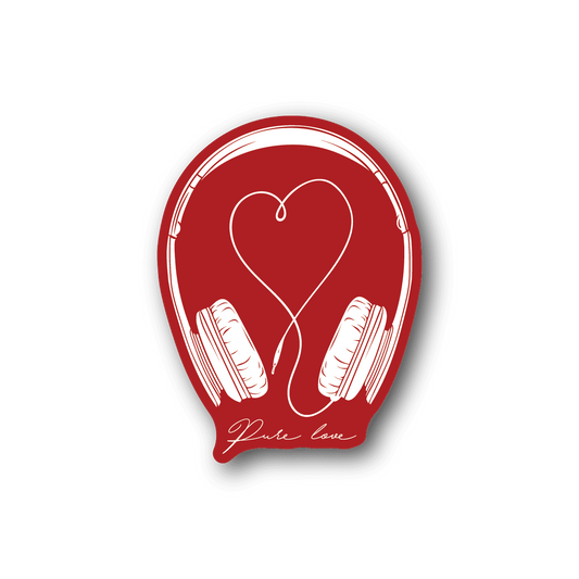 Vinyl sticker with red heart and white headphones graphic