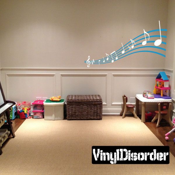 Musical note and wavy staff wall decals set with blue note icons and staff lines