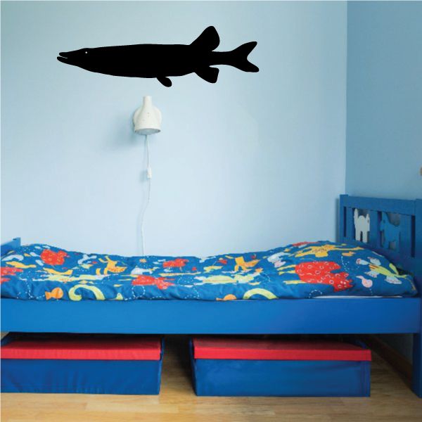 Freshwater fish wall decal, black fish silhouette above bed headboard