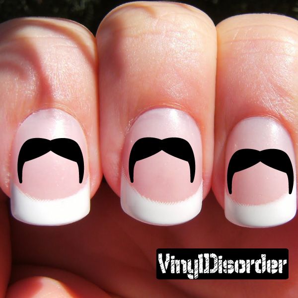 Mustache nail art vinyl decal sticker with black curved mustache design on white tips