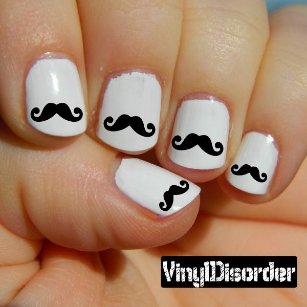 Mustache nail art vinyl decal sticker set on white nails with black mustache designs