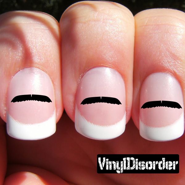 Moustache nail art vinyl decal sticker on white French tips, black mustaches