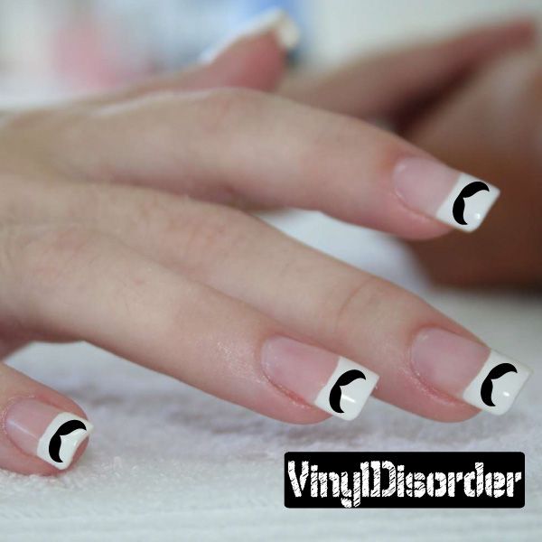 Nail art vinyl decal sticker with black mustache on white nail tips