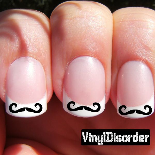 Mustache nail art vinyl decal stickers on fingernails with white tips and black mustaches