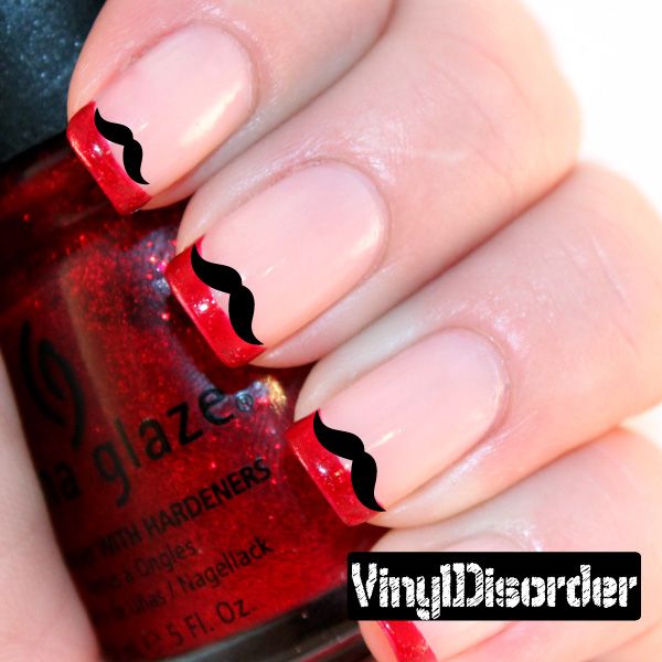 Mustache nail art vinyl decal sticker on red fingernails with black mustache designs