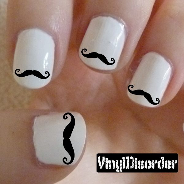 Nail art vinyl decal sticker with black mustache designs on white nails