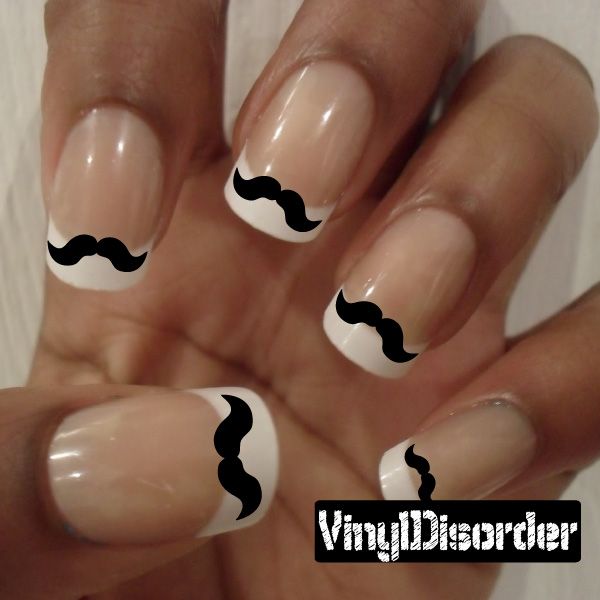 Mustache nail art vinyl decals on nude nails with black mustache designs