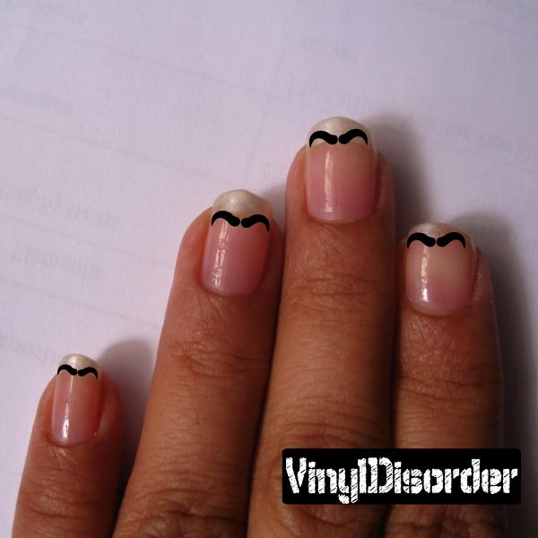 Mustache nail art vinyl decal sticker set on nude/pink nails with black mustaches