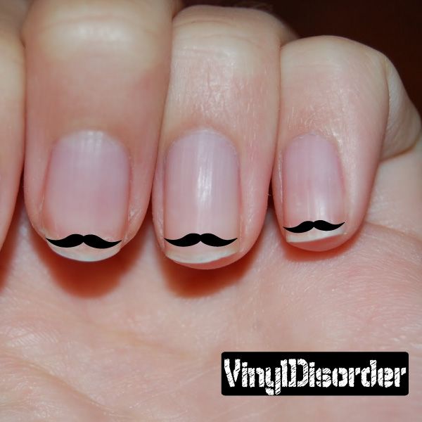 Mustache nail art vinyl decal sticker on nude nails, three black mustache designs