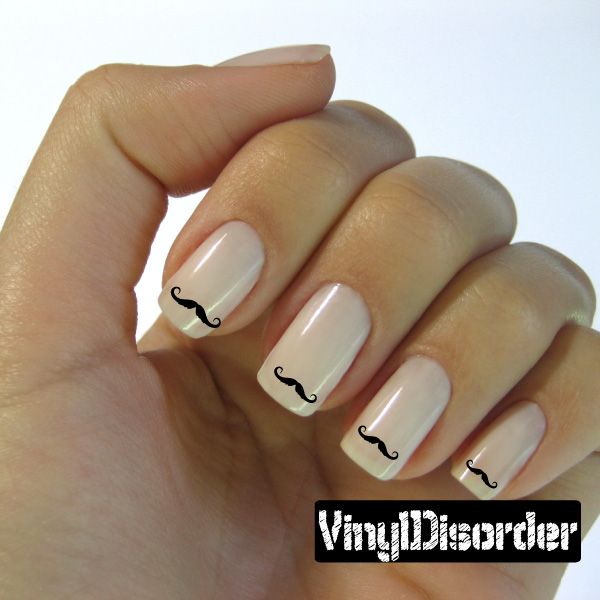 Mustache finger nail art vinyl decal sticker on light nails with black mustache icons