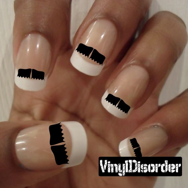Mustache nail art vinyl decal stickers on white nail tips, black mustache shapes