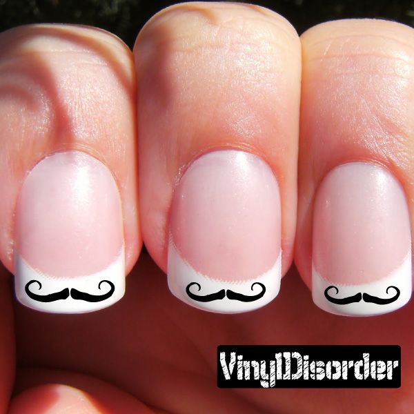 Mustache nail art vinyl decal sticker set on three fingernails, white mustache on tips