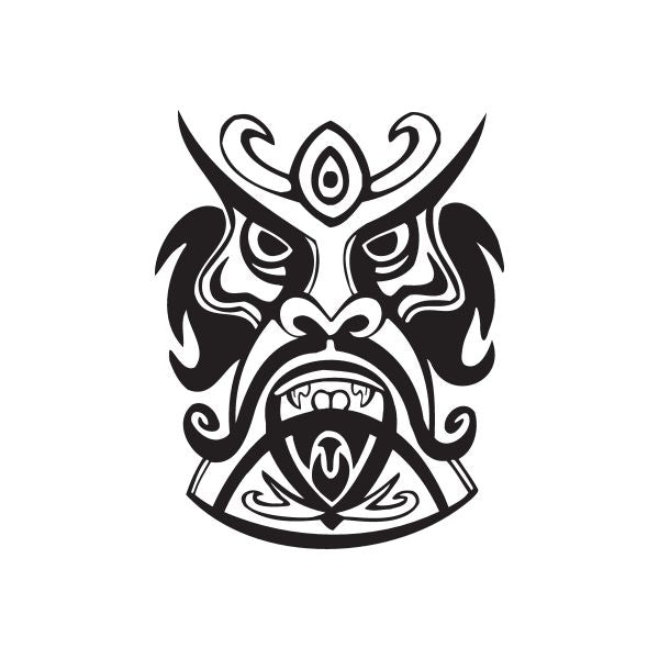 Mustached tiki decal: black tribal face with flame-like head and bold eye details