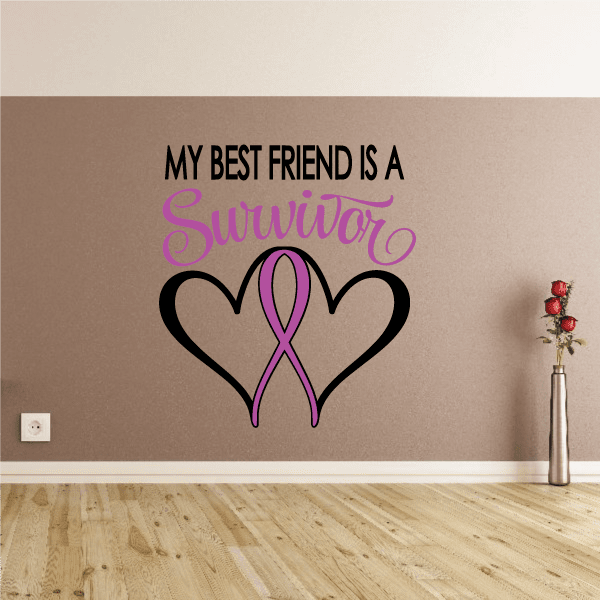 Heart-shaped survivor ribbon decal with text, die-cut in purple and black