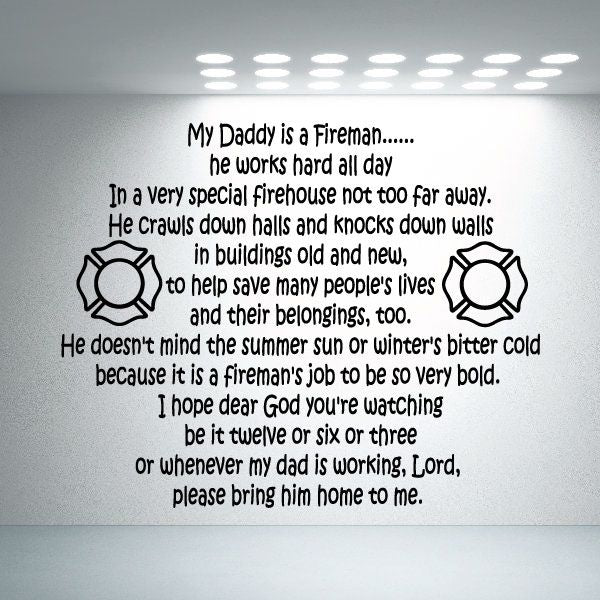 Fireman quote wall decal with poem text and two cartoon firefighter icons