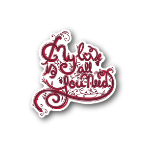 Heart-shaped vinyl sticker with red and white cursive text