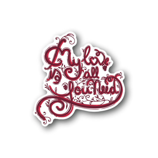 Heart-shaped vinyl sticker with red and white cursive text