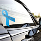 Vinyl awareness ribbon sticker with blue ribbon and cursive text on car window