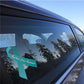 Awareness ribbon vinyl sticker: teal ribbon with cursive text on window glass