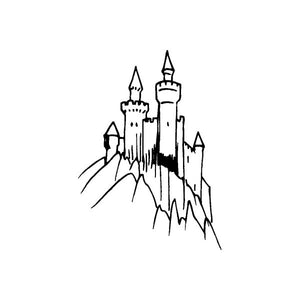 Mythical castle decal with tall towers and spires, black outline on white