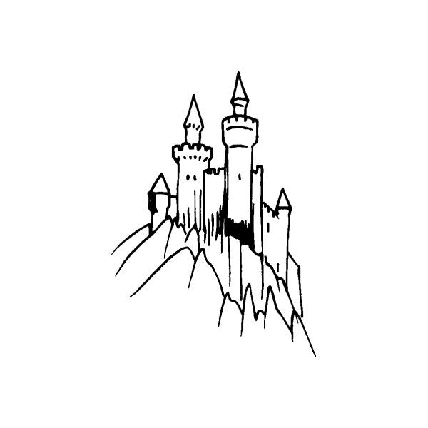 Mythical castle decal with tall towers and spires, black outline on white