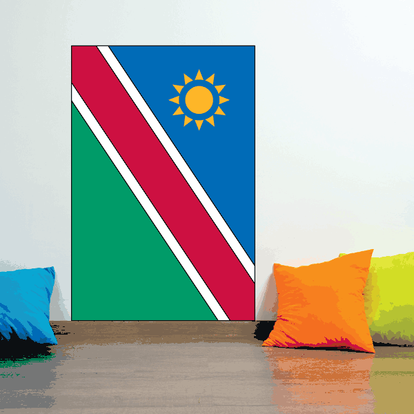 Namibia flag sticker with red diagonal stripe and white borders, blue with yellow sun