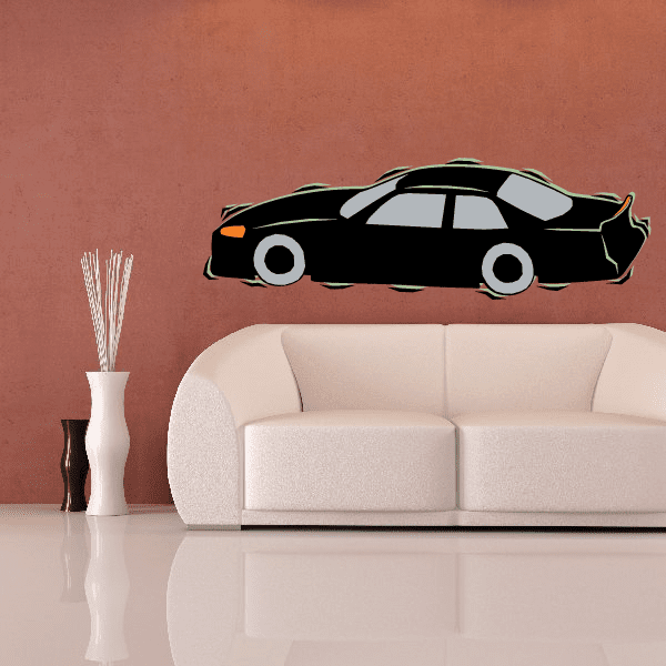 Racing car bumper sticker featuring a black car with green and white accents