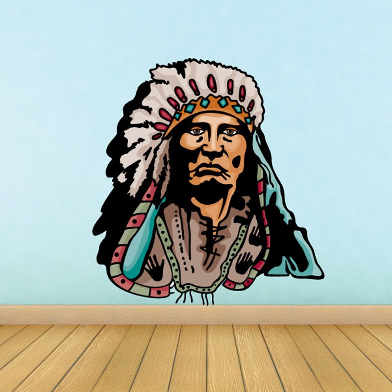 Native American chief sticker with illustrated feathered headdress and face portrait