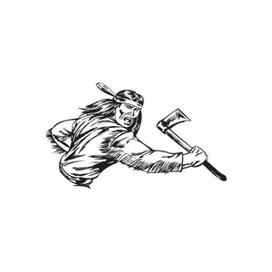 Warrior hatchet decal, black line art of axe-holding figure