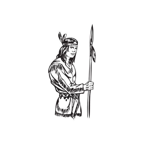 Native American spear holder decal, black and white line art of man holding tall spear