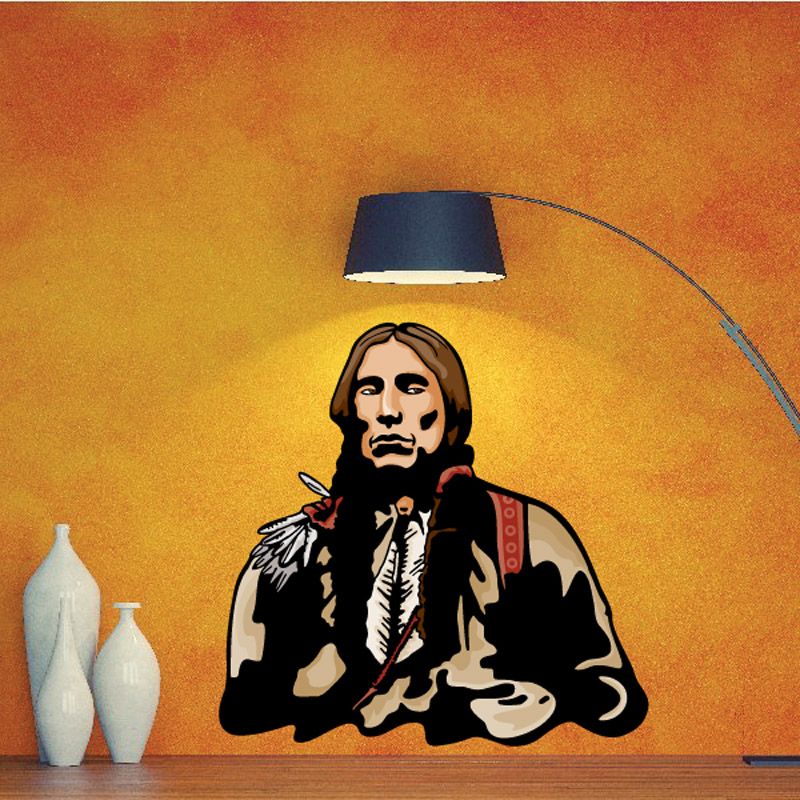 Illustrated Native American coat sticker of a seated man with long hair and mustache