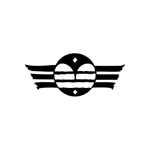 Car window vinyl decal sticker with black circular emblem and winged stripes