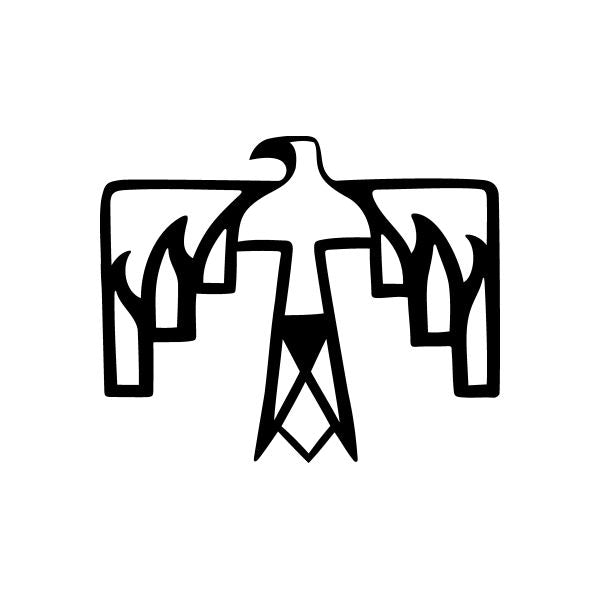 Tribal car window vinyl decal with black bird-like figure and flame motifs