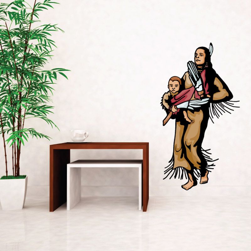 Mother holding child wall decal, Native American style figures in tan and black