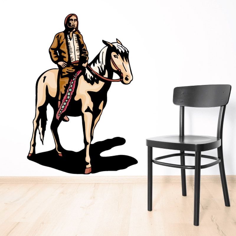 Native American horseback sticker of a man seated on a light horse, beaded outfit and hat