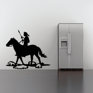 Native American riding horse decal, black silhouette of rider on horseback