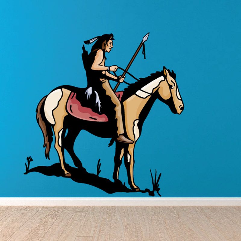 Native American scout on horseback decal, scout holding a spear on a rearing horse