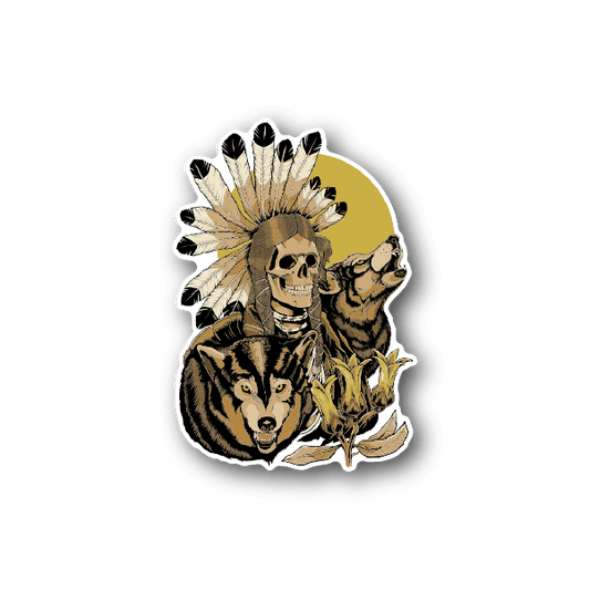 Vinyl sticker of a wolf skull chief with headdress and outlined animals