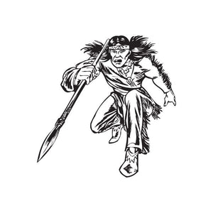 Native American spear thrower decal of feathered warrior holding a spear, black-and-white.