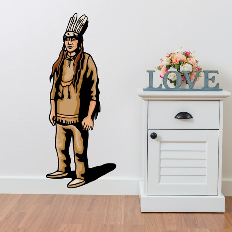 Native American sticker with illustrated man in brown outfit and feather headdress