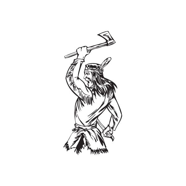 Native American swinging hatchet decal, bearded warrior holding hatchet raised