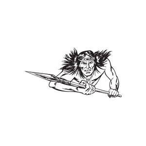 Native American thrusting spear decal, black line art of warrior with spear