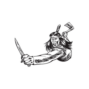 Warrior battle stance decal with Native American-style figure holding tomahawk, black outline