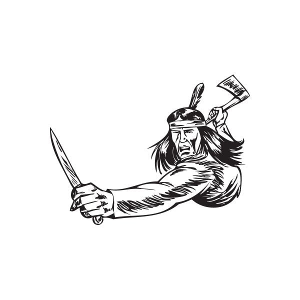 Warrior battle stance decal with Native American-style figure holding tomahawk, black outline