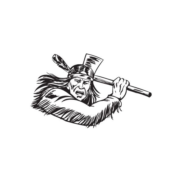 Native warrior chopping axe decal, black line art with feathered headdress and plumes