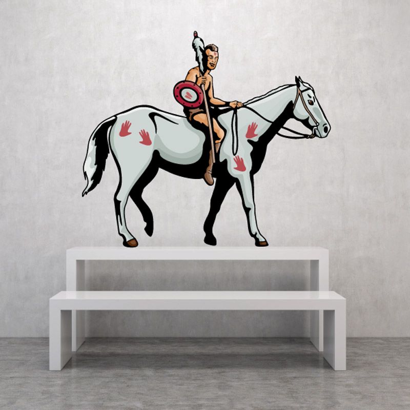 Native American warrior on horseback sticker, warrior holding shield, white horse with red accents