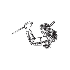 Warrior stabbing knife decal, black line art of Native fighter with headband and dagger.