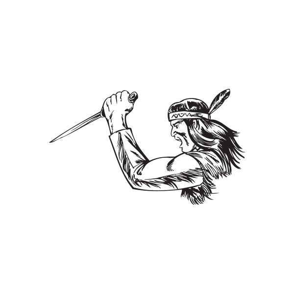 Warrior stabbing knife decal, black line art of Native fighter with headband and dagger.